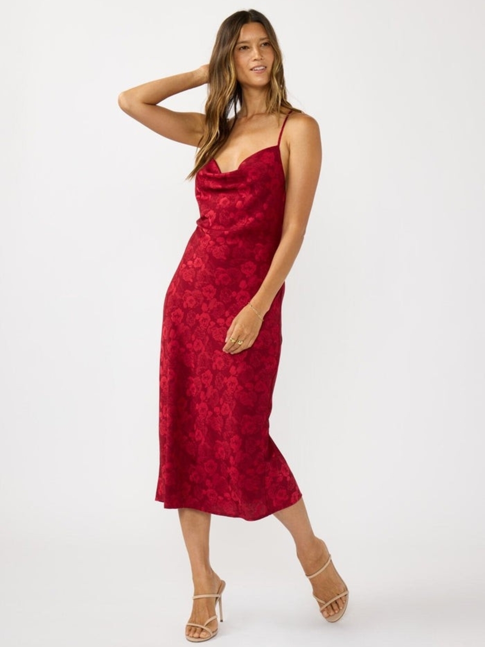 lovestitch Red Floral Satin Cowl Midi Slip Dress
